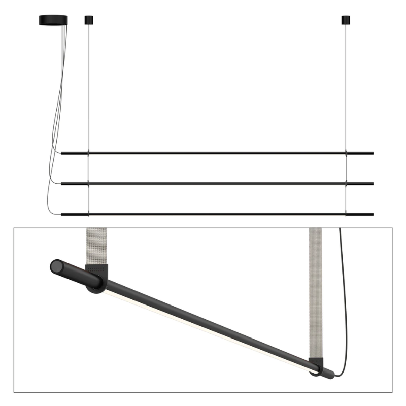 The T.O Pendant 3 Stack from Pablo Designs with the matte black light and light grey belt.