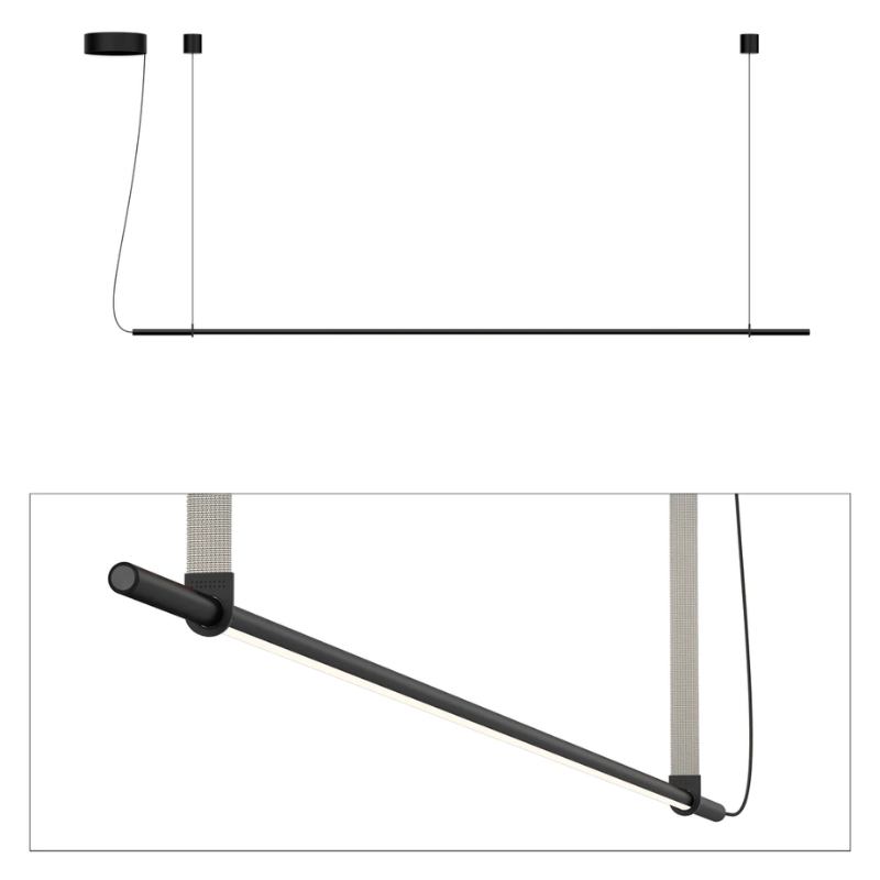 The T.O Pendant from Pablo Designs with the matte black light and light grey belt.