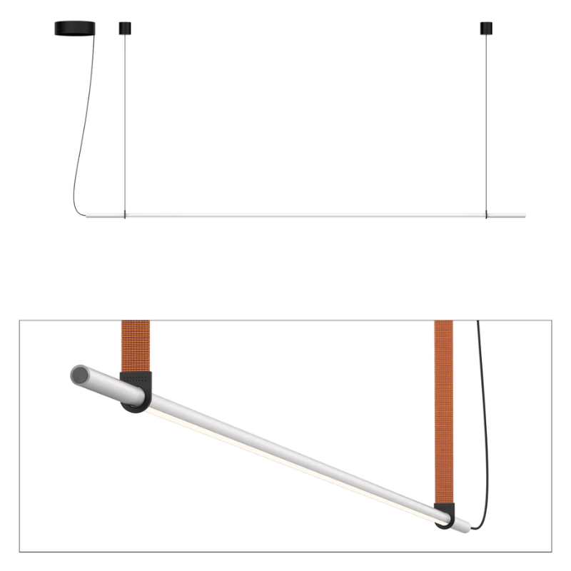 The T.O Pendant from Pablo Designs with the matte white light and burnt orange belt.