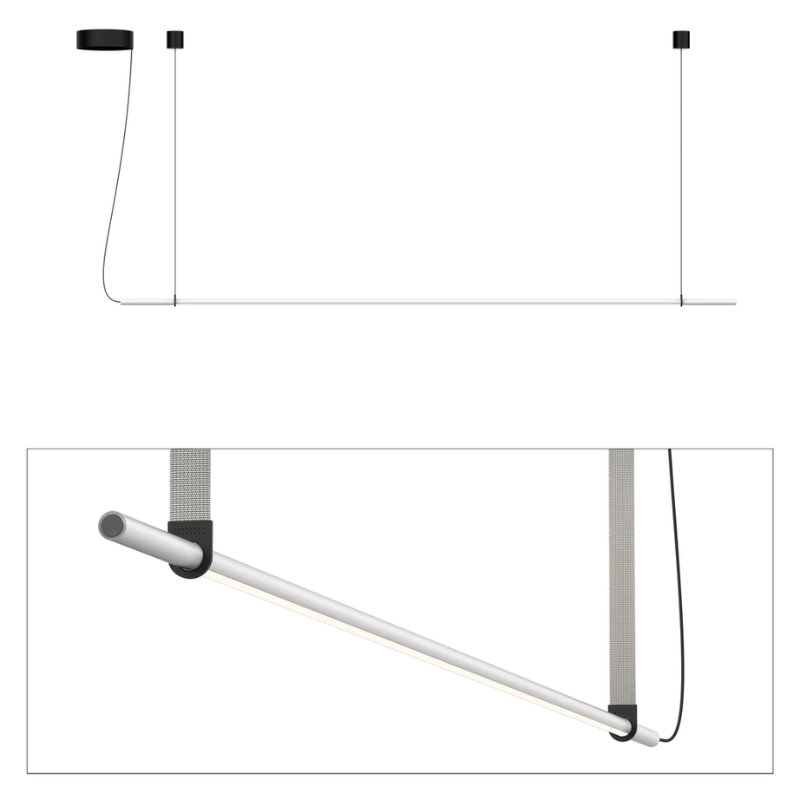 The T.O Pendant from Pablo Designs with the matte white light and light grey belt.