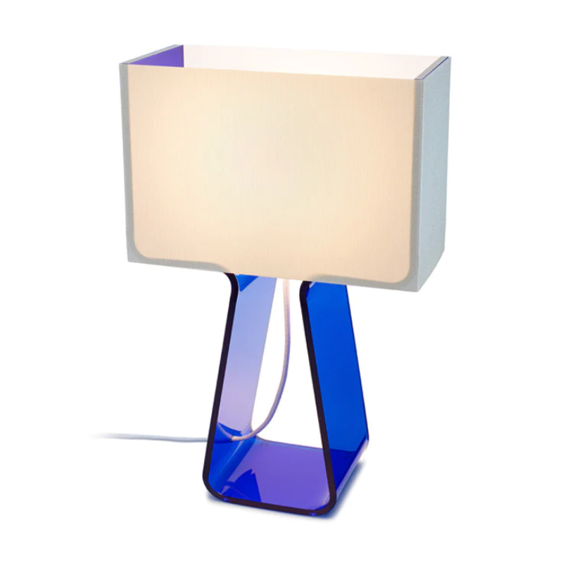 The 14 inch Tube Top Table from Pablo Designs with the white shade and cobalt body.