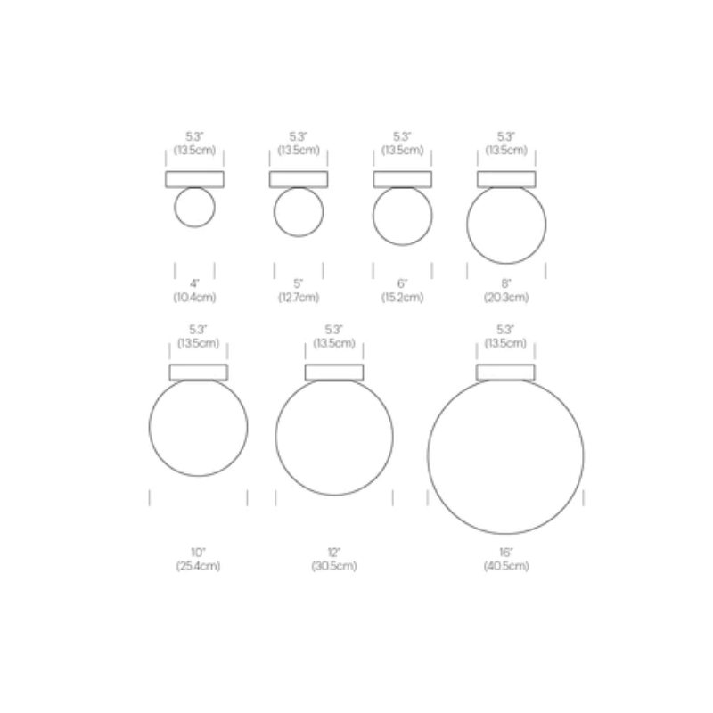 The dimensions for the 4", 5", 6", 8", 10", 12" and 16" Bola Sphere Flush from Pablo Designs.