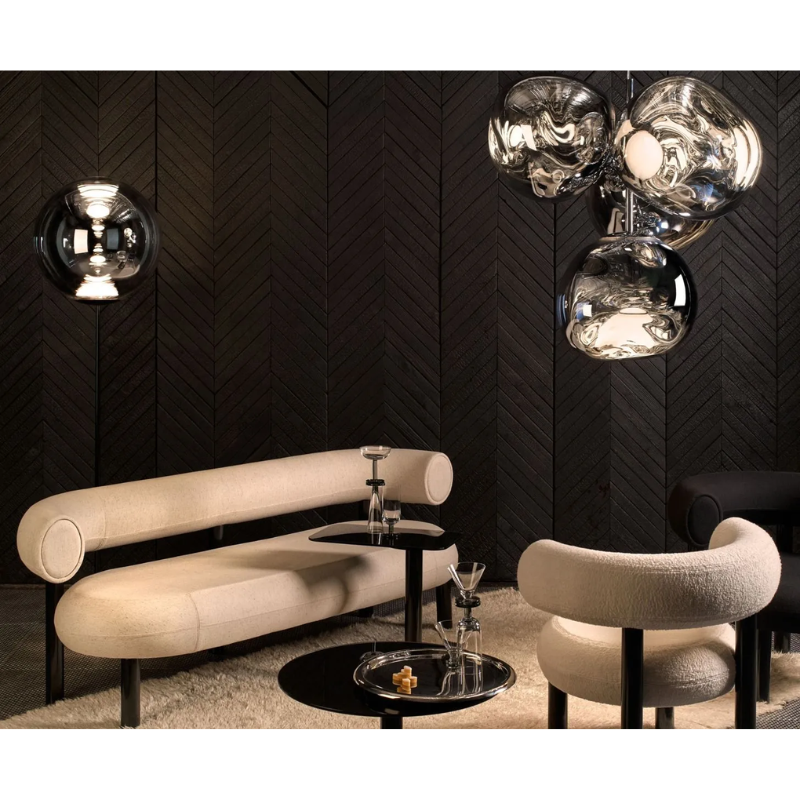 The Melt LED Chandelier from Tom Dixon in Chrome in a living room lounge.