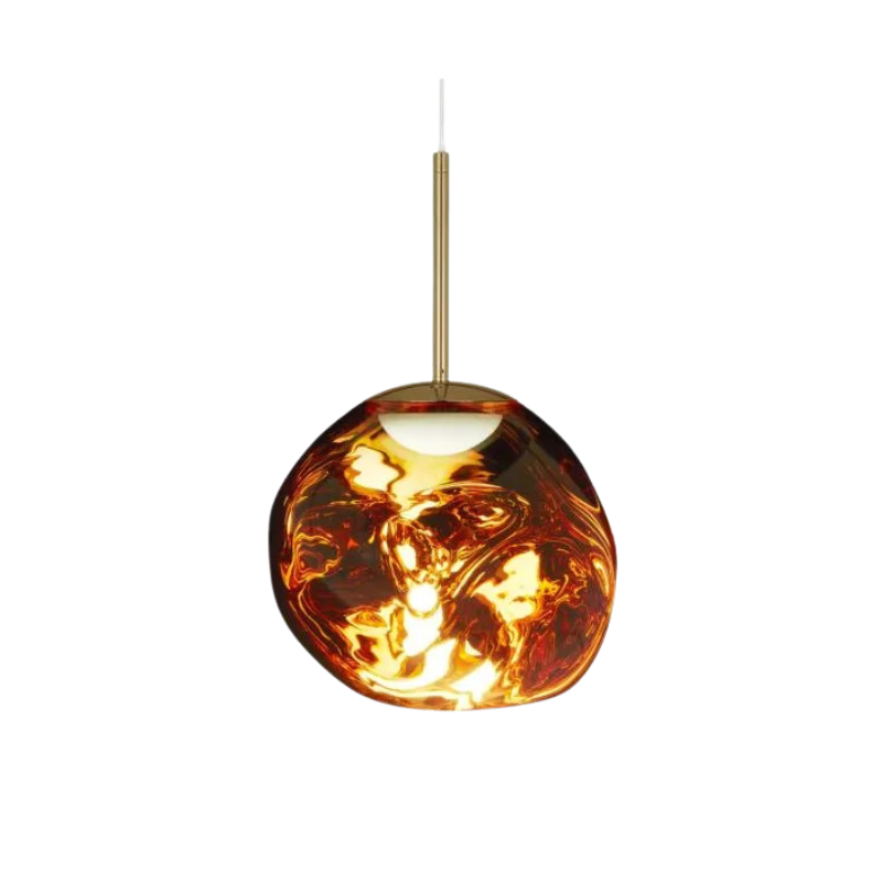 Tom Dixon's Melt LED Mini Pendant is a beautifully distorted pendant in collection of modern finishes with matching ceiling rose. Featuring an integrated LED module, this ceiling light creates a mesmerizing melting hot-blown glass effect when turned on, and a mirror-finish effect when off. This piece is made in Germany using a high tech manufacturing techniques to achieve the perfect melted orb for your design.