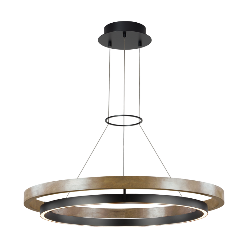 The Grace Chandelier by Sean Lavin is designed with two rings that illuminate this contemporary chandelier. A large outer ring provides organic texture while complemented by a decorative inner ring, housing gently diffused upward and downward LEDs.