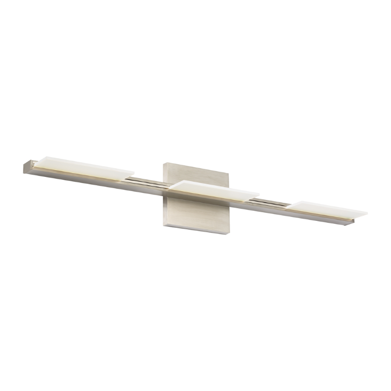 The Tris 3-Light Bathroom Sconce from Visual Comfort and Co in satin nickel.