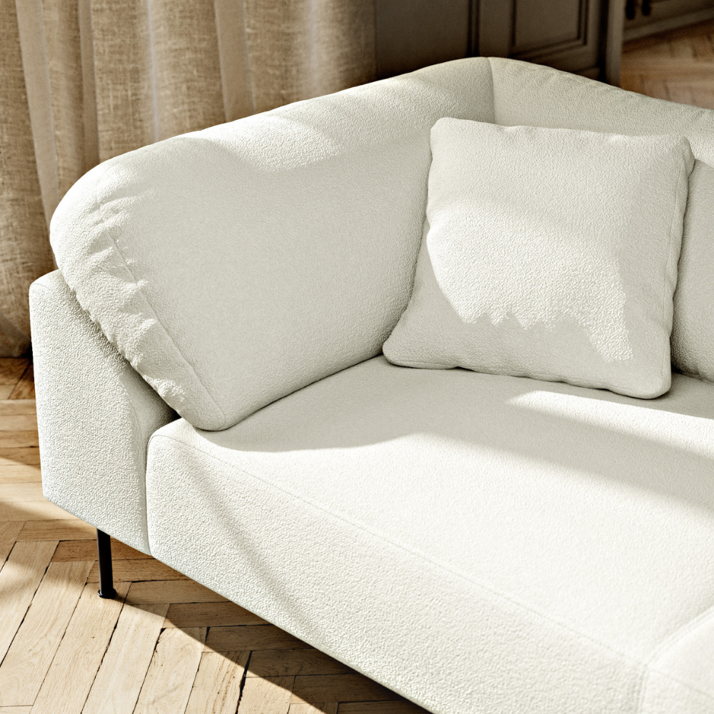 Collar Sofa 2-Seater by Woud in Barnum 24 - Lana Off-white boucle upholstery in a living room.