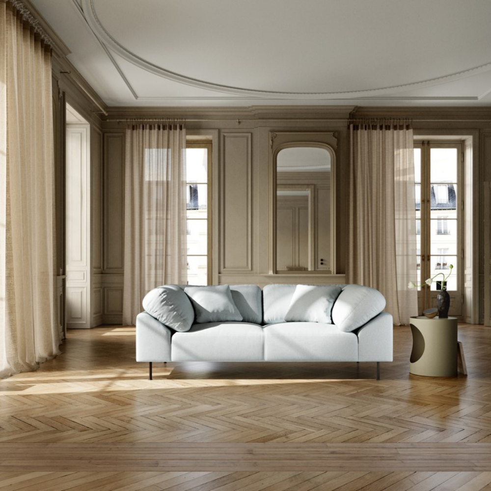 Collar Sofa by Woud in Cyber light grey in a living room.