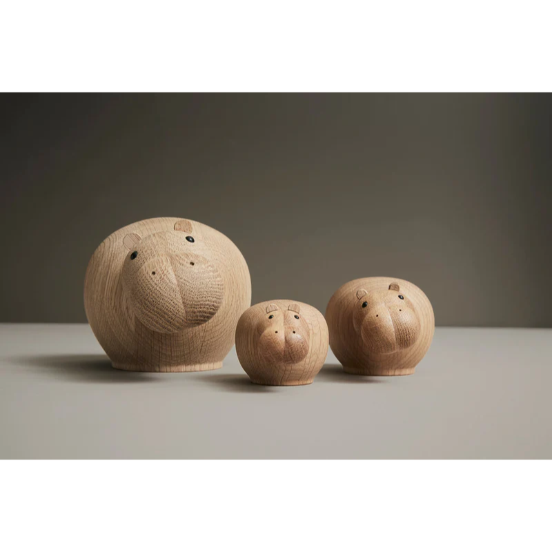 The Hibo Hippopotamus from Woud, made from solid oak in all three sizes, mini, small, medium.