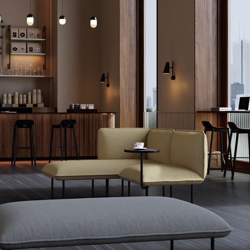 The Nakki Lobby Chaise Long Right from Woud with a custom fabric in a hotel.