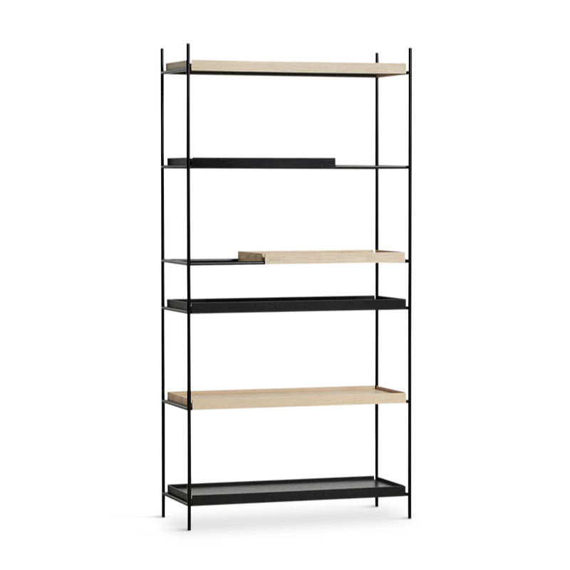 The Tray Shelf (high) from Woud in oak with a mix of oak and black trays.