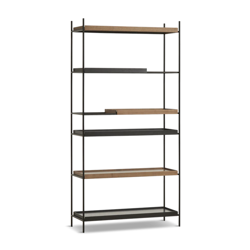 The Tray Shelf (high) from Woud in walnut with a mix of black and walnut trays.