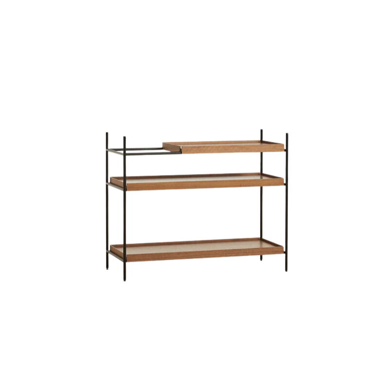 The Tray Shelf (low) from Woud in walnut with all walnut trays.