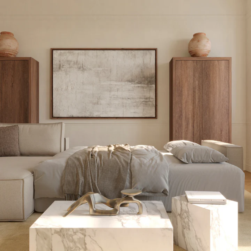 The Newilla sectional sleeper sofa with lounger converted in living room converted to bed.