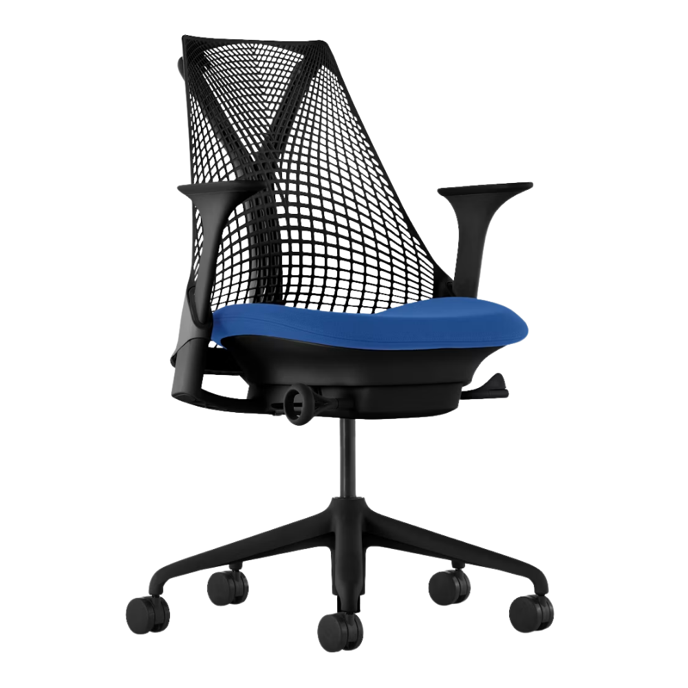 The Sayl Chair from Herman Miller in Black and Berry Blue Seat with fixed arms, seat, and no lumbar support.
