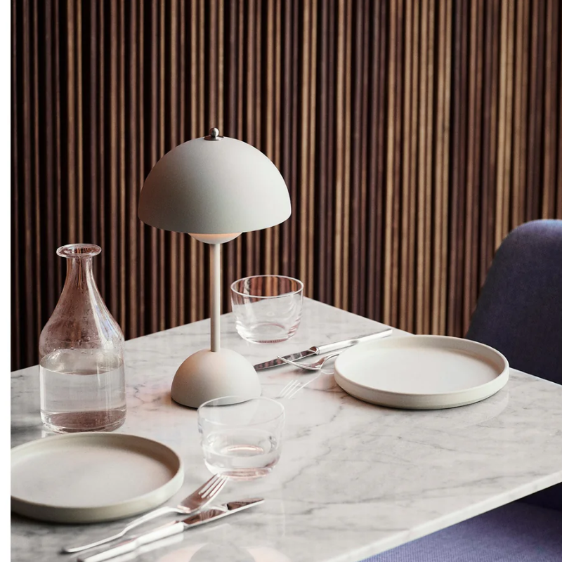 &Tradition VP9 Flowerpot Portable Table Lamp in matte grey on dining table