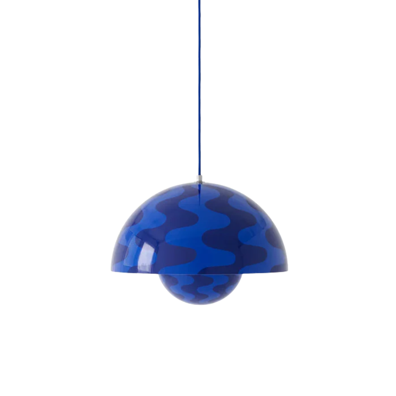 The Flowerpot VP7 Pendant from &Tradition in cobalt blue and twilight blue pattern.