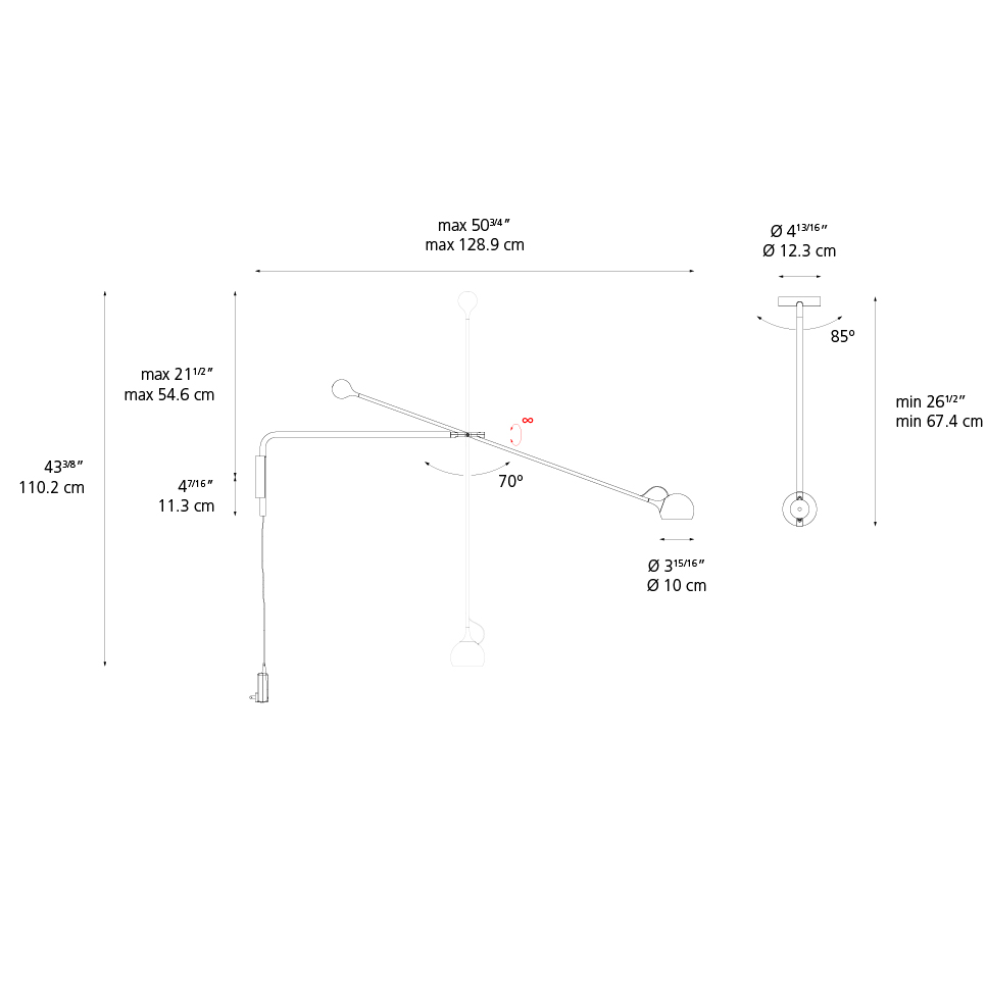 The Ixa Arm Plug In Wall Sconce from Artemide dimensions. all-groups