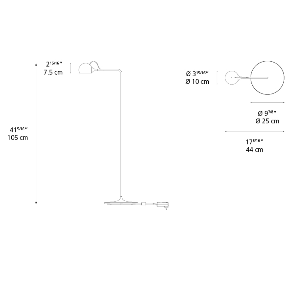 The dimensions of the Ixa Reading Floor Lamp from Artemide. all-groups