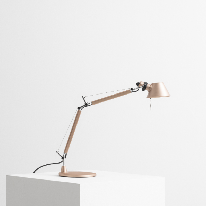 The Tolomeo Micro Table Lamp from Artemide in brushed copper with the table base.