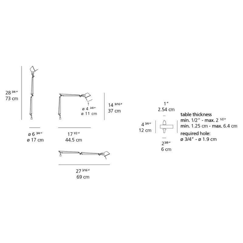 The Tolomeo Micro Table Lamp from Artemide with the in-set pivot dimensions.