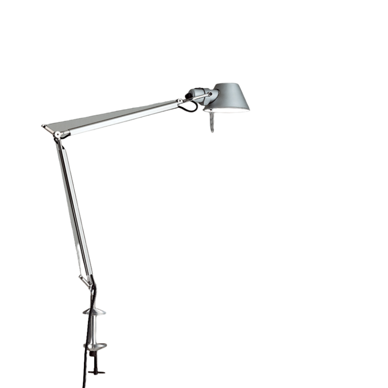 The Tolomeo Midi Table Lamp from Artemide in aluminum with a table clamp.
