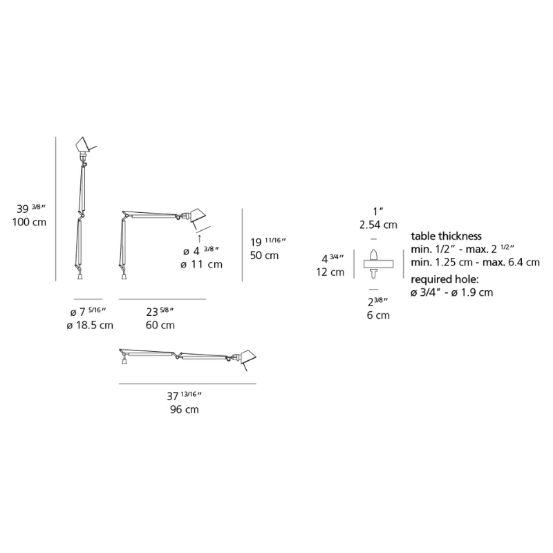 The Tolomeo Midi Table Lamp from Artemide with the in-set pivot dimensions.