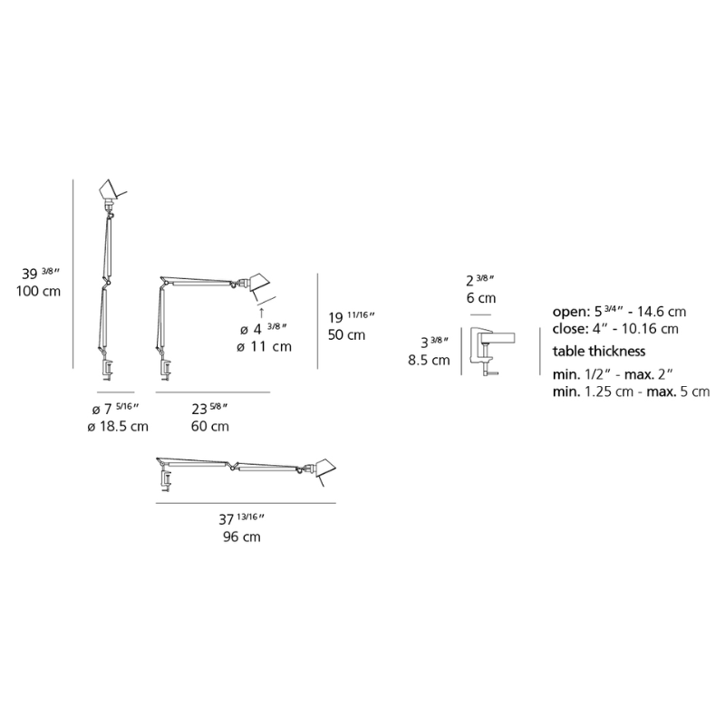 The Tolomeo Midi Table Lamp from Artemide with a table clamp dimensions.