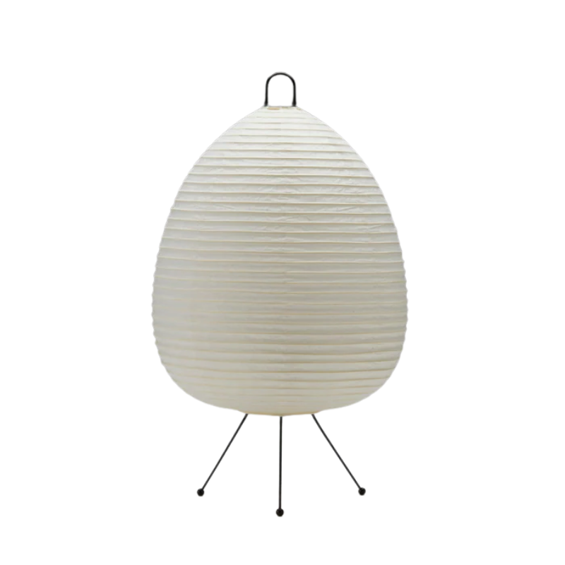 The Asano Donguri Lamp A120 has a white rice paper shade and black metal legs.