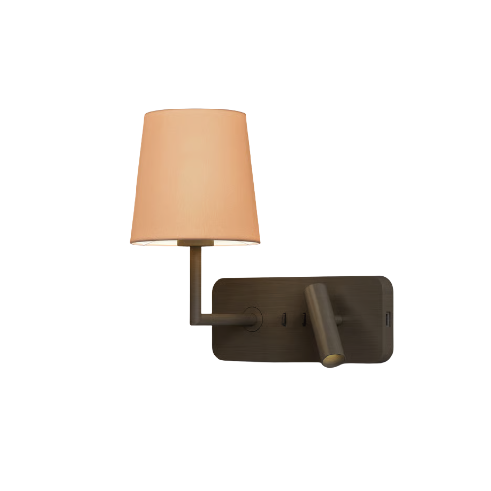 The bronze Side by Side USB Reading Light with oyster fabric Cone 160 Shade.