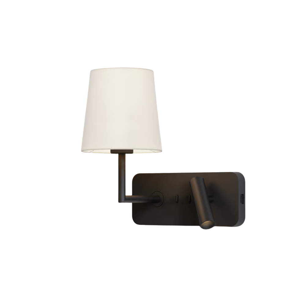 The matte black Side by Side USB Reading Light with white fabric Cone 160 Shade.