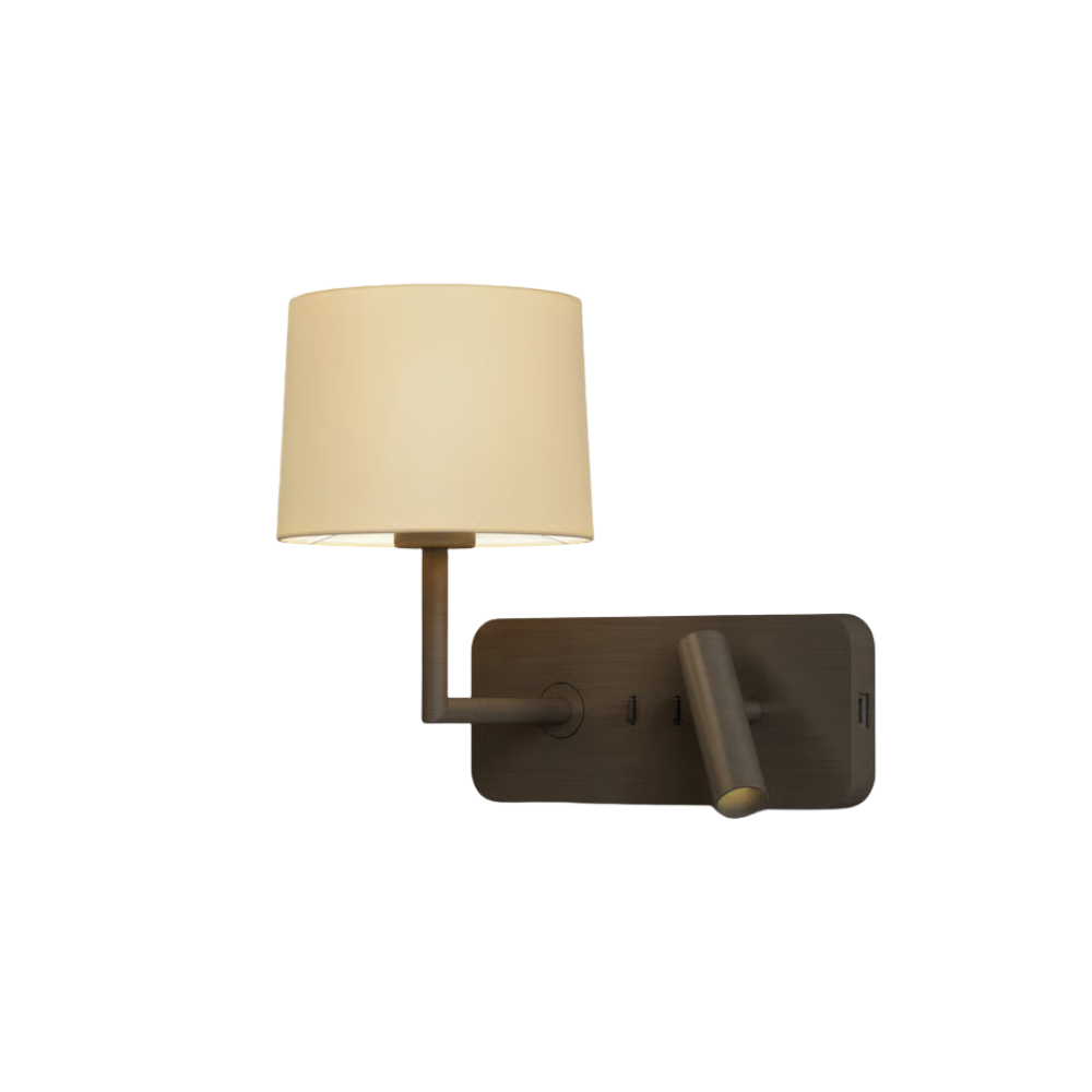 The bronze Side by Side USB Reading Light with the putty fabric Drum 177 Shade.
