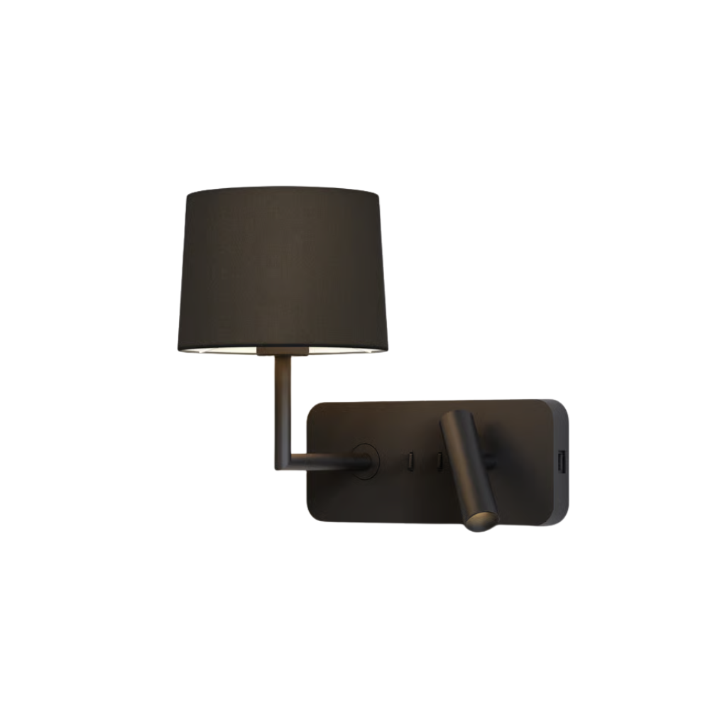 The matte black Side by Side USB Reading Light with the black fabric Drum 177 Shade.