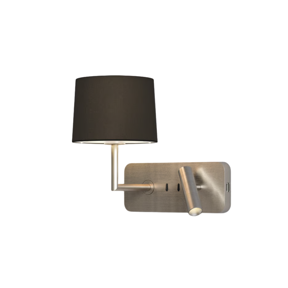 The matte nickel Side by Side USB Reading Light with the black fabric Drum 177 Shade.
