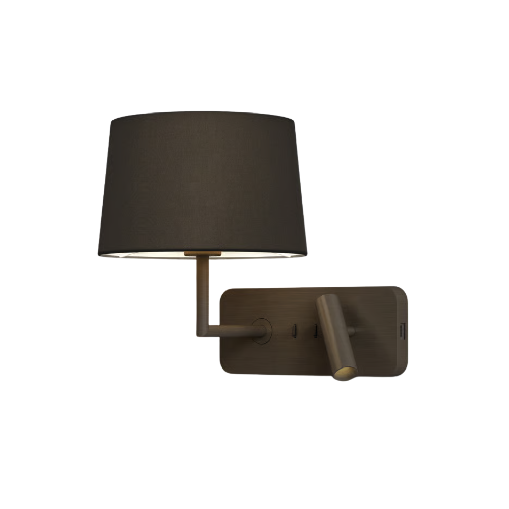 The bronze Side by Side USB Reading Light with the black fabric Round 250 Shade.