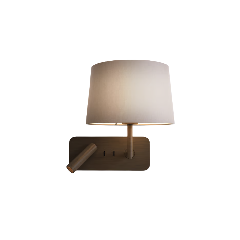 The bronze Side by Side USB Reading Light with the white fabric Round 250 Shade at an angle.