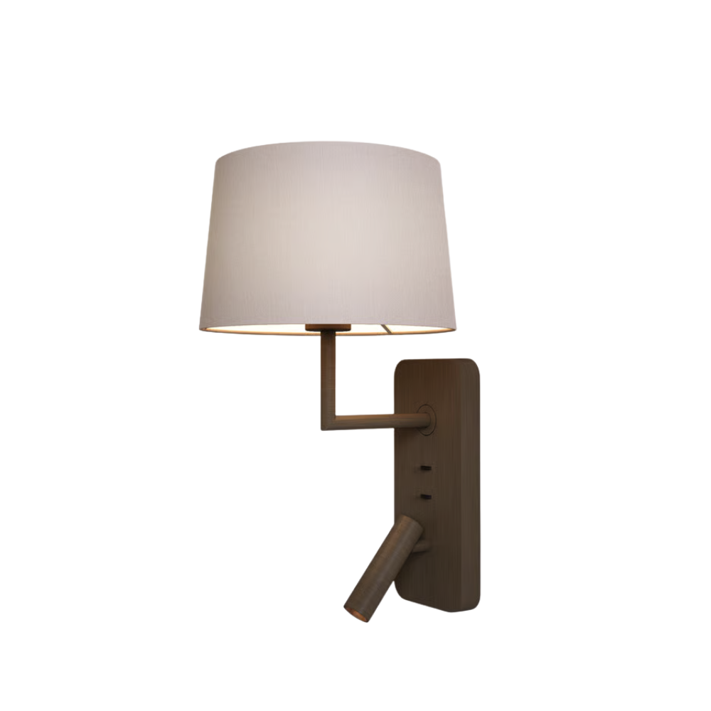 The bronze Side by Side USB Reading Light with the white fabric Round 250 Shade mounted horizontally.