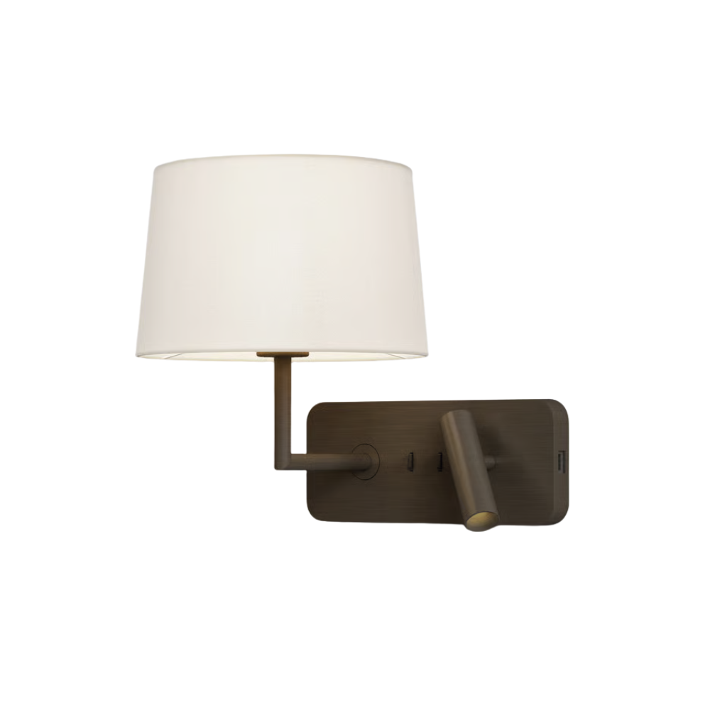 The bronze Side by Side USB Reading Light with the white fabric Round 250 Shade.