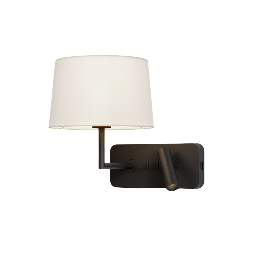 The matte black Side by Side USB Reading Light with the white fabric Round 250 Shade.