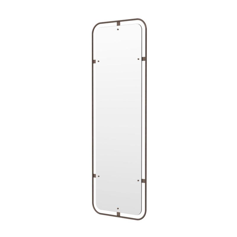 The Rectangular Nimbus Mirror from Audo Copenhagen in bronzed brass angled.