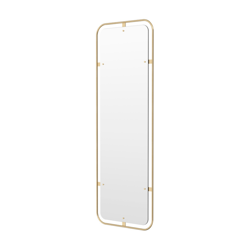 The Rectangular Nimbus Mirror from Audo Copenhagen in polished brass angled.