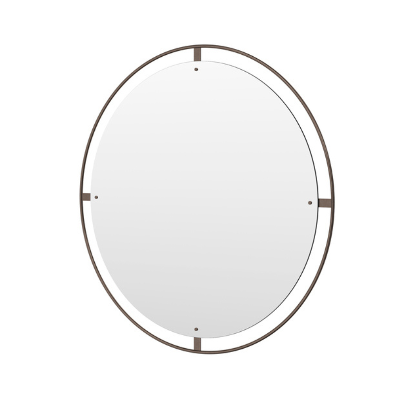 The Round Nimbus Mirror from Audo Copenhagen in bronzed brass, 43 inch size angled.