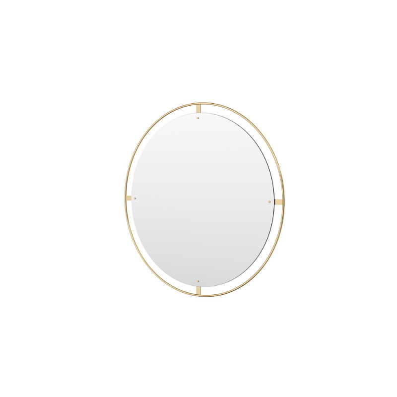 The Round Nimbus Mirror from Audo Copenhagen in polished brass, 24 inch size angled.