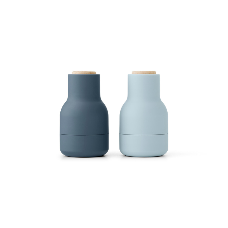 The Small Bottle Grinder from Audo Copenhagen in blues with beech lid.