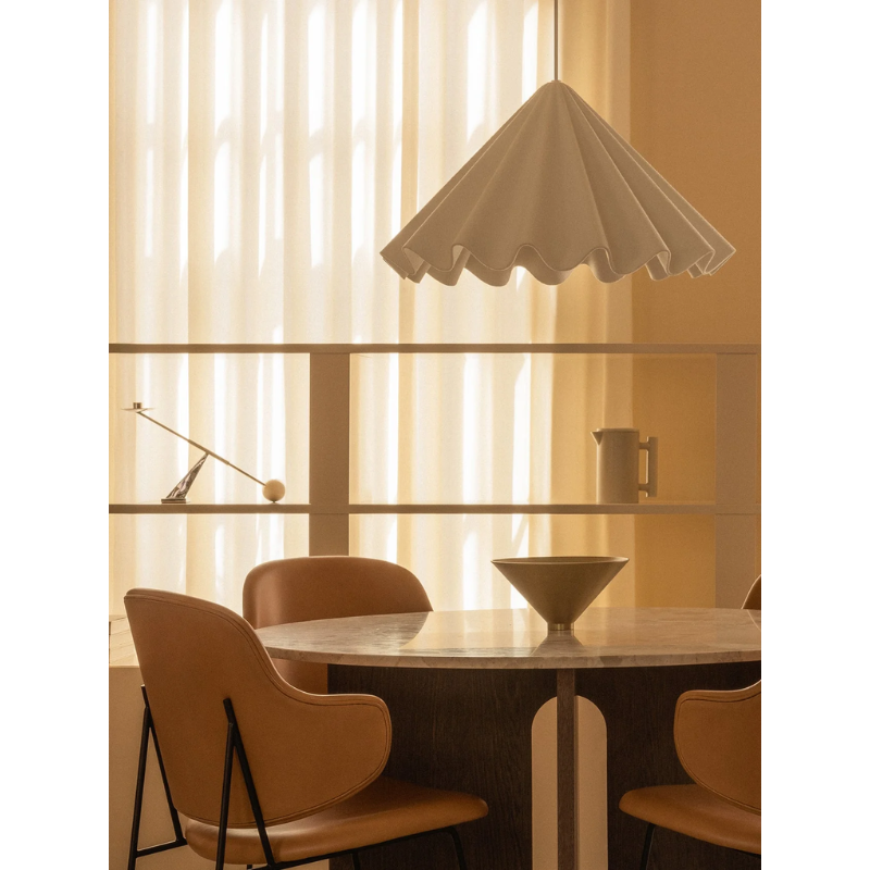 Crinkled shade pendant light. The Dancing Pendant by Audo CPH in the size large over dining room table