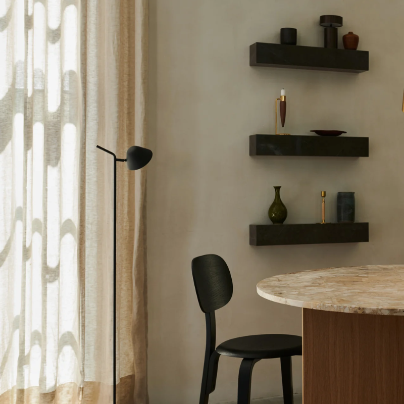 Marble floating shelf in grey by Audo Copenhagen in dining room.