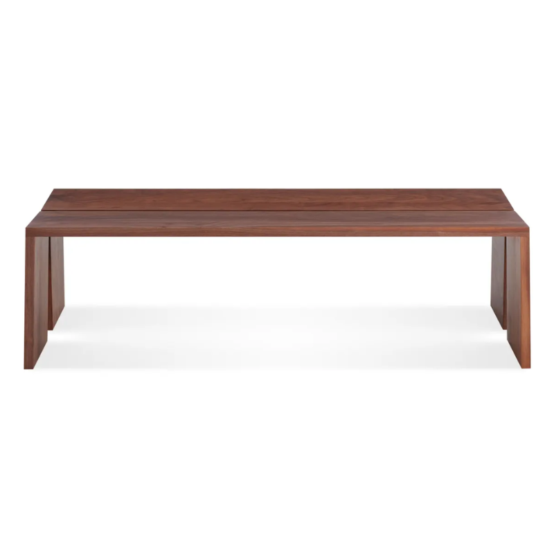 The Amicable Split 60" Bench from Blu Dot in walnut from a high angle.