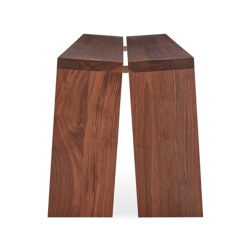 The Amicable Split 60" Bench from Blu Dot in walnut from the side.