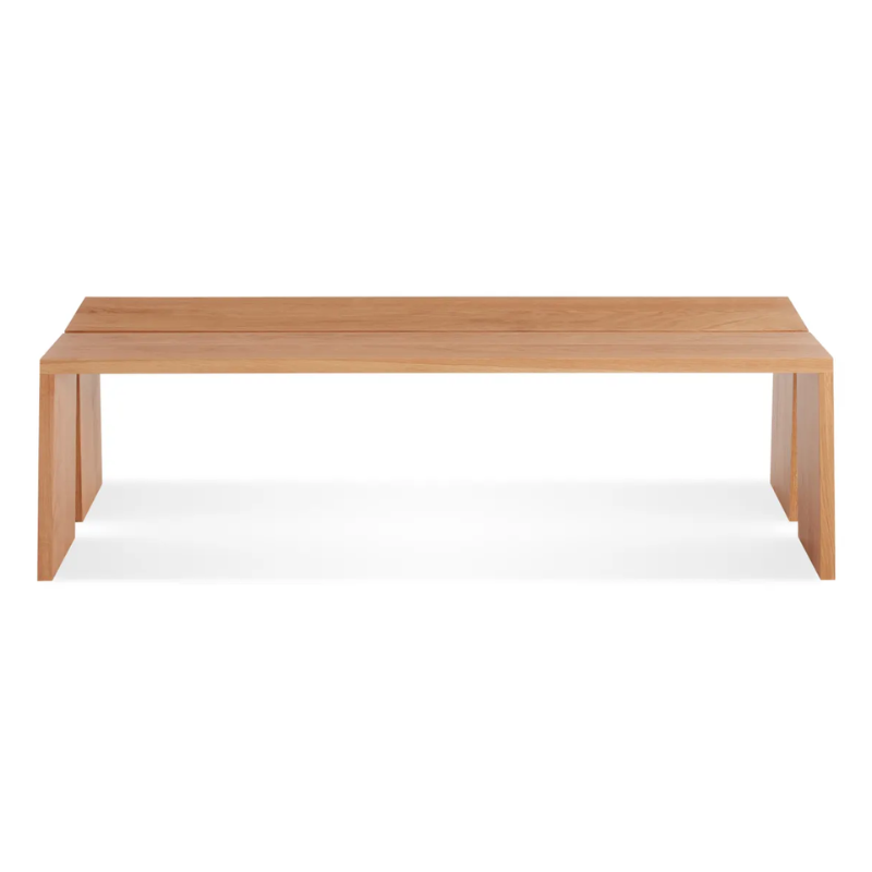 The Amicable Split 60" Bench from Blu Dot in white oak from a high angle.