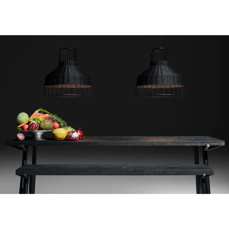 The Branch Bench from Blu Dot in black on oak and black in a dining room.